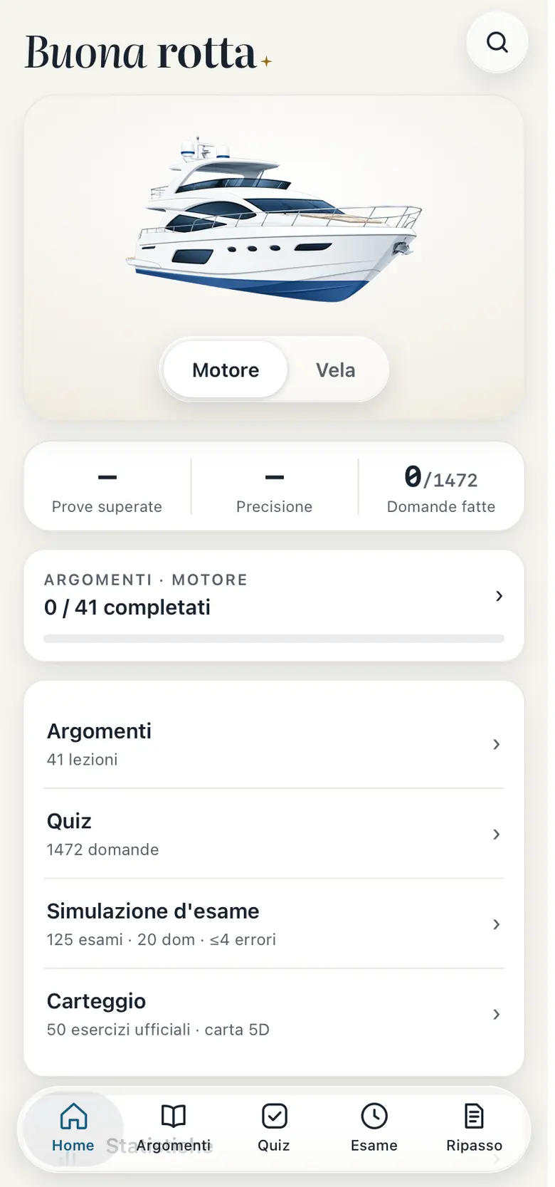Rotta: la schermata Home con il logotipo Buona rotta